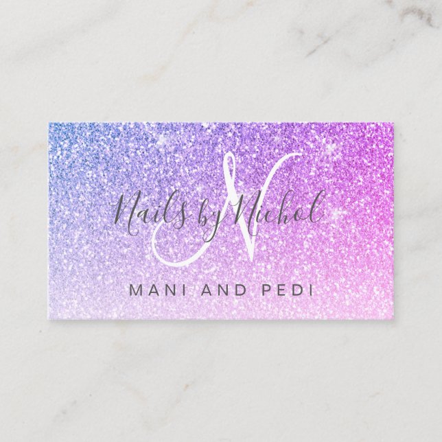 Glam Pink Purple Glitter Mani Pedi Nail Studio Business Card (Front)