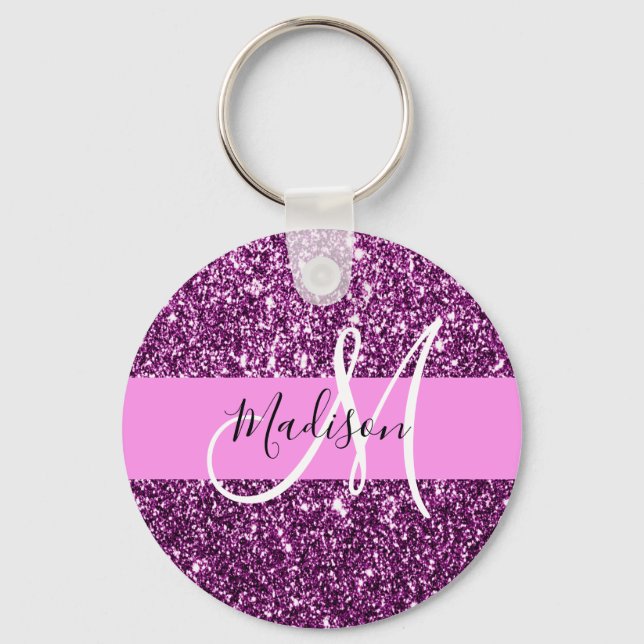 Glam Pink & Purple Glitter Sparkles Monogram Name Key Ring (Front)