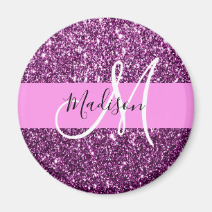 Glam Pink & Purple Glitter Sparkles Monogram Name Magnet