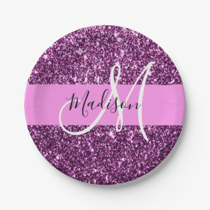 Glam Pink & Purple Glitter Sparkles Monogram Name Paper Plate