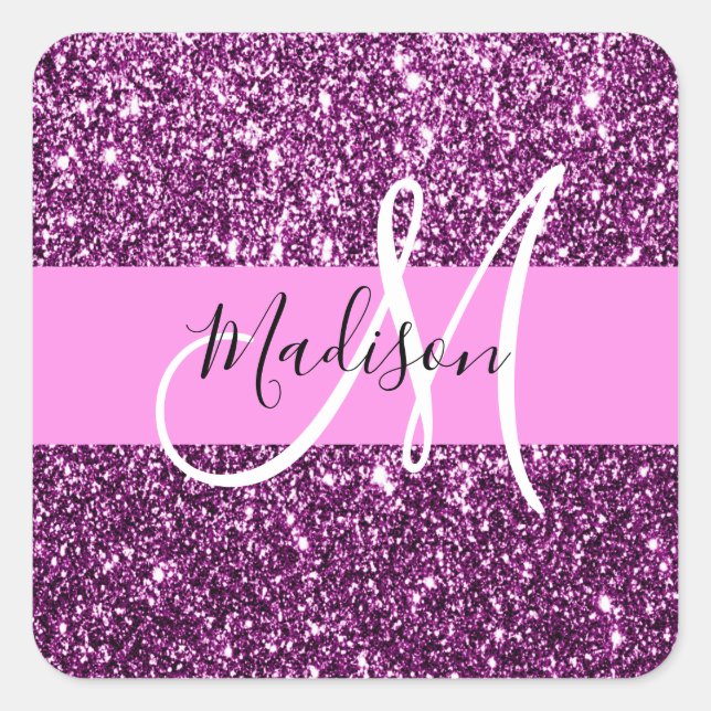Glam Pink & Purple Glitter Sparkles Monogram Name Square Sticker (Front)