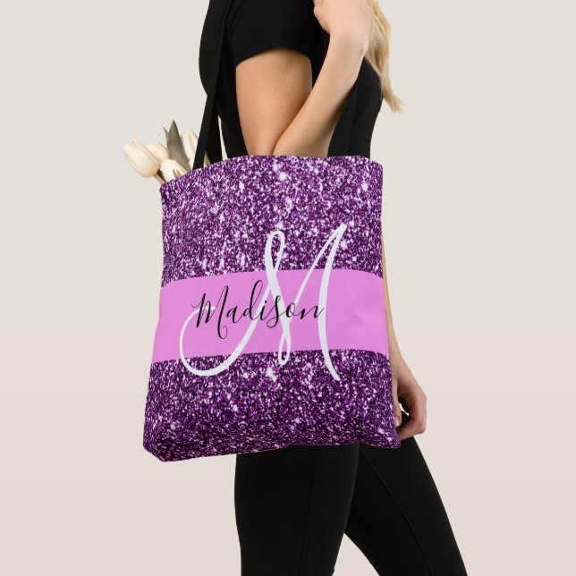 Glam Pink & Purple Glitter Sparkles Monogram Name Tote Bag (Close Up)