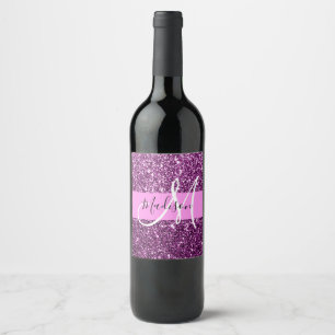 Glam Pink & Purple Glitter Sparkles Monogram Name Wine Label