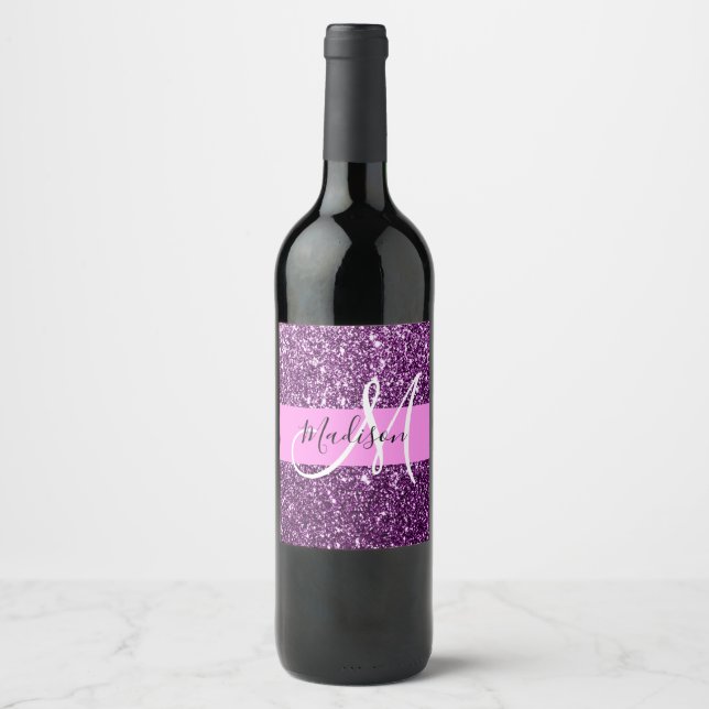 Glam Pink & Purple Glitter Sparkles Monogram Name Wine Label (Front)
