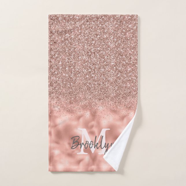 Glam Pink Rose Gold Glitter Confetti Monogrammed Bath Towel Set (Hand Towel)