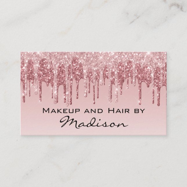 Glam Pink Rose Gold Glitter Drips Makeup Artist Business Card (Front)