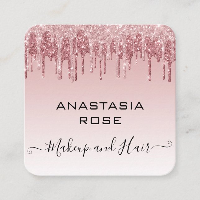 Glam Pink Rose Gold Glitter Drips Makeup Artist Square Business Card (Front)