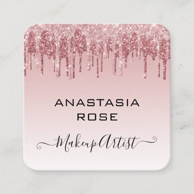 Glam Pink Rose Gold Glitter Drips Makeup Artist Square Business Card (Front)