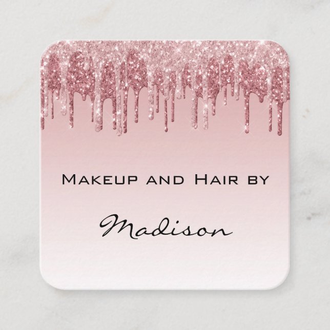 Glam Pink Rose Gold Glitter Drips Makeup Artist Square Business Card (Front)