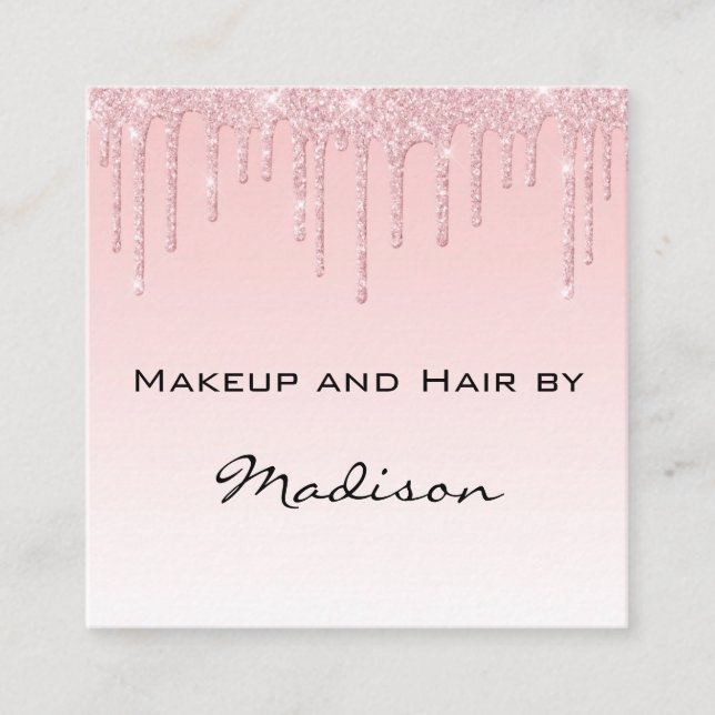 Glam Pink Rose Gold Glitter Drips Makeup Artist Square Business Card (Front)