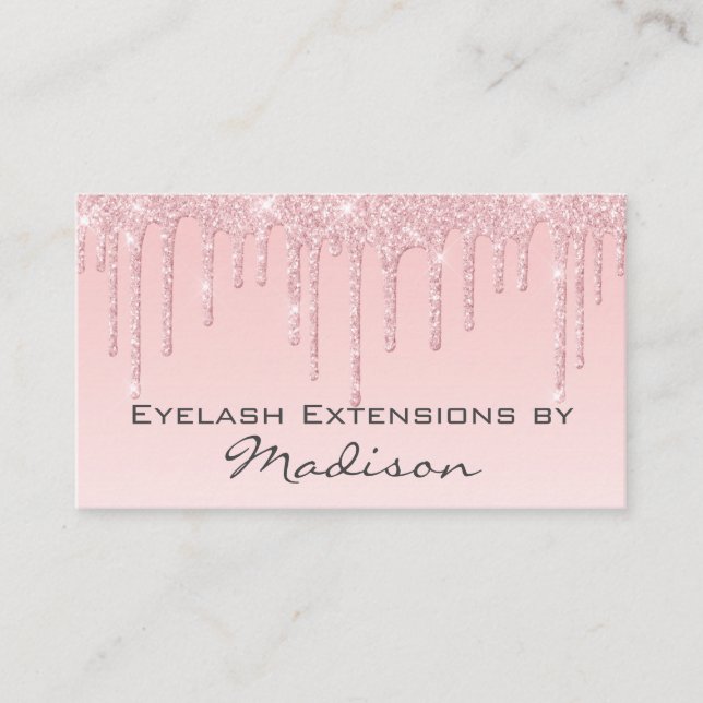 Glam Pink Rose Gold Glitter Drips Makeup Eyelash Business Card (Front)