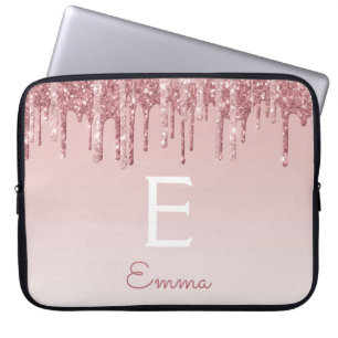 Glam Pink Rose Gold Glitter Drips Sparkle Monogram Laptop Sleeve