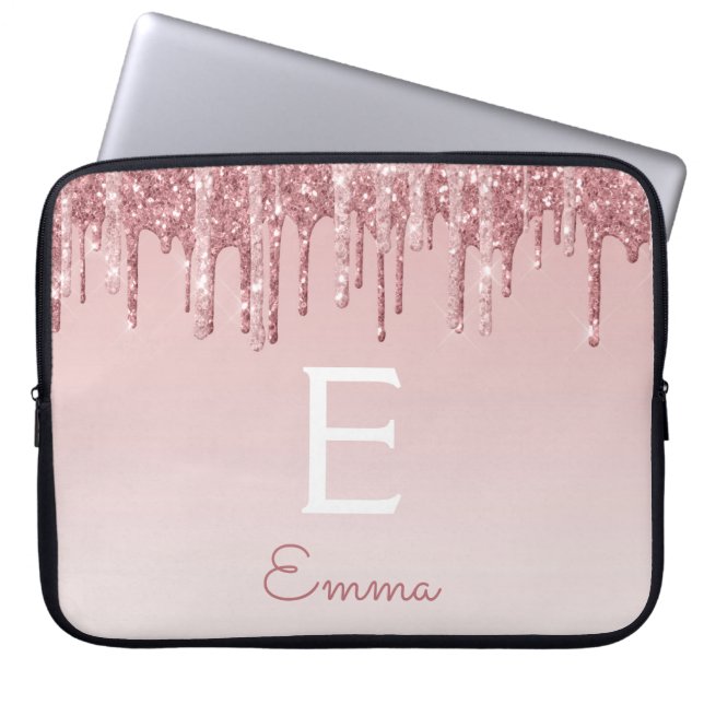 Glam Pink Rose Gold Glitter Drips Sparkle Monogram Laptop Sleeve (Front)