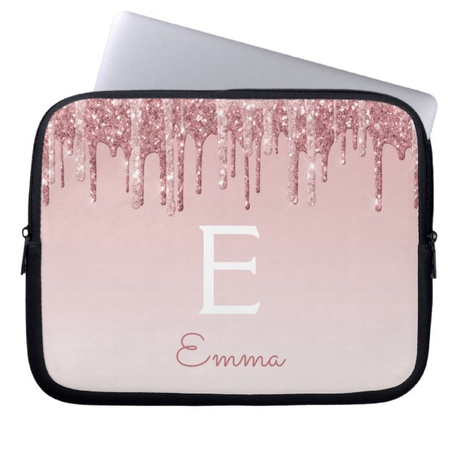 Glam Pink Rose Gold Glitter Drips Sparkle Monogram Laptop Sleeve (Front)
