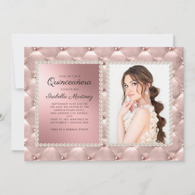 Glam Pink Rose Gold Quinceañera Photo Pearls   Invitation (Front)