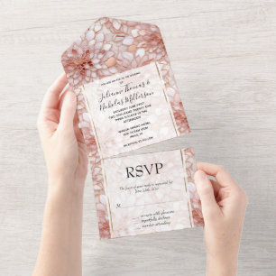 Glam Pink Rose Pink White Floral Wedding All In One Invitation