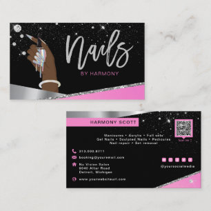 Glam Pink Silver Diamonds Nail Salon Tech Artist Business Card