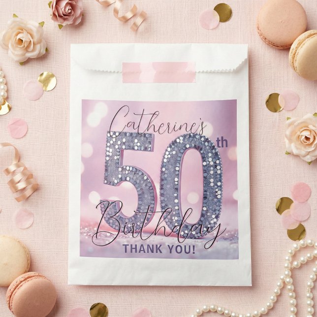 Glam Pink Silver Glitter 50th Birthday Thank You Favour Bag (Creator Uploaded)
