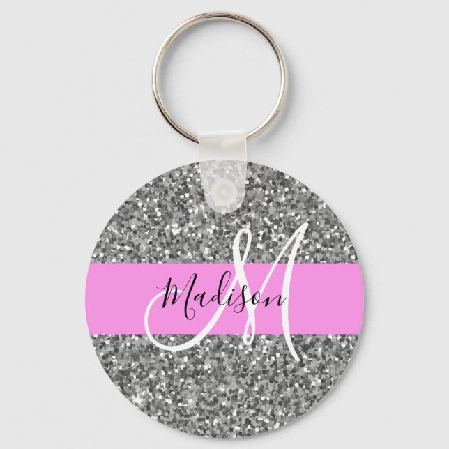 Glam Pink & Silver Glitter Sparkles Monogram Name Key Ring (Front)