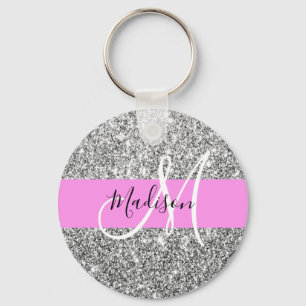 Glam Pink & Silver Glitter Sparkles Monogram Name Key Ring