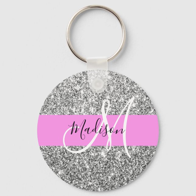 Glam Pink & Silver Glitter Sparkles Monogram Name Key Ring (Front)