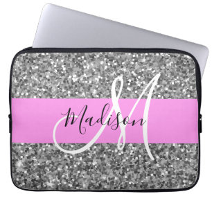 Glam Pink & Silver Glitter Sparkles Monogram Name Laptop Sleeve