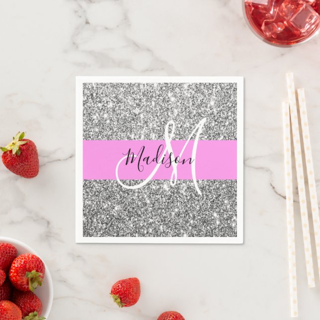 Glam Pink & Silver Glitter Sparkles Monogram Name Napkin (Insitu)