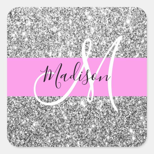 Glam Pink & Silver Glitter Sparkles Monogram Name Square Sticker (Front)