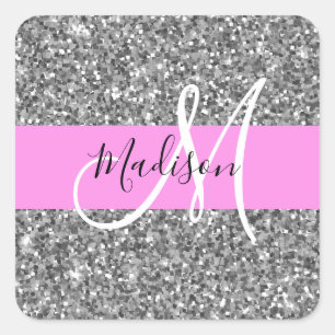 Glam Pink & Silver Glitter Sparkles Monogram Name Square Sticker