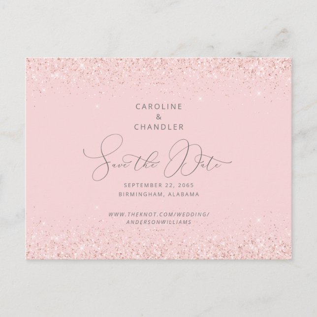 Glam Pink & Silver Glitter Wedding Save the Date  Postcard (Front)