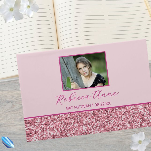 Glam Pink Simple Elegant Photo Bat Mitzvah Guest Book (A photo guestbook perfect for capturing those Bat Mitzvah party memories)