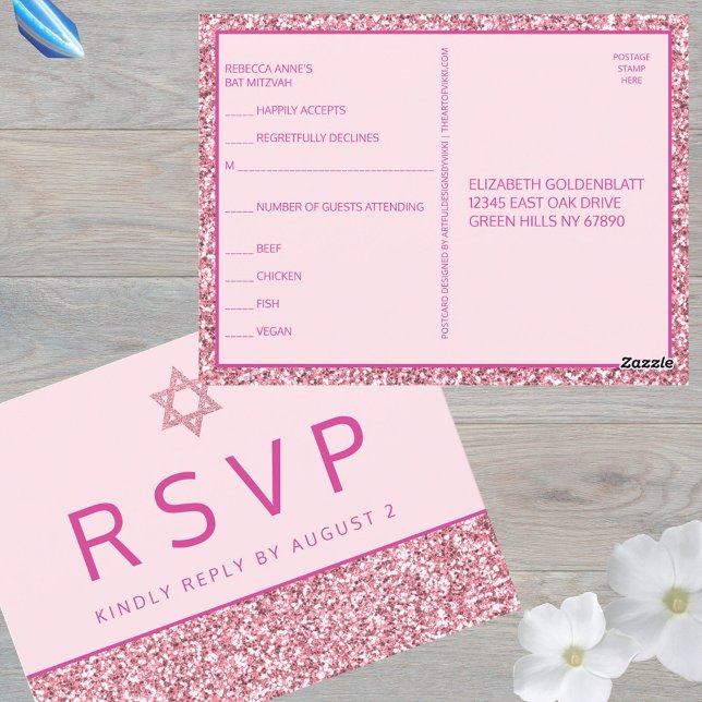 Glam Pink Simple Modern Bat Mitzvah RSVP Postcard (RSVP postcards are a smart option for your Bat Mitzvah celebration)