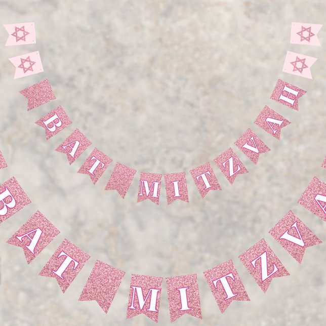 Glam Pink Sparkle Girl Chic Elegant Bat Mitzvah Bunting (A set of glam pink faux glitter bunting flags to add to your Bat Mitzvah party decor)