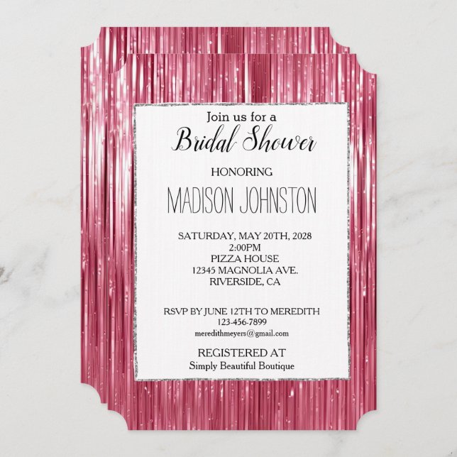 Glam Pink Sparkle Stripes Bridal Shower Invitation (Front/Back)