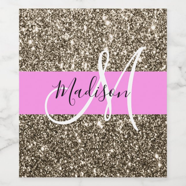 Glam Pink Sparkling Wine Gold Glitter Sparkle Mono Label (Single Label)