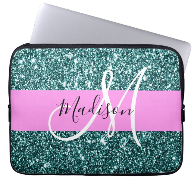Glam Pink Teal Green Glitter Sparkle Name Monogram Laptop Sleeve (Front)