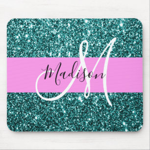 Glam Pink Teal Green Glitter Sparkle Name Monogram Mouse Pad