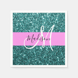 Glam Pink Teal Green Glitter Sparkle Name Monogram Napkin
