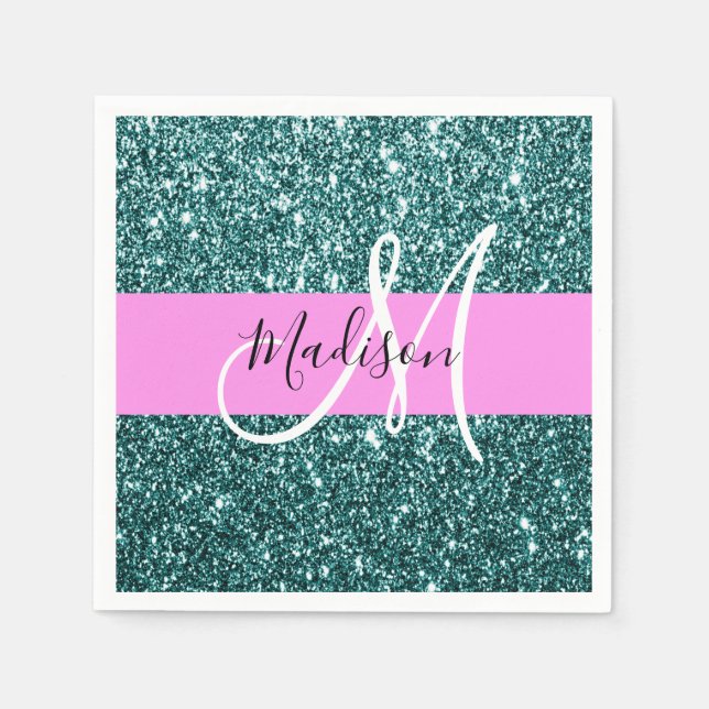 Glam Pink Teal Green Glitter Sparkle Name Monogram Napkin (Front)
