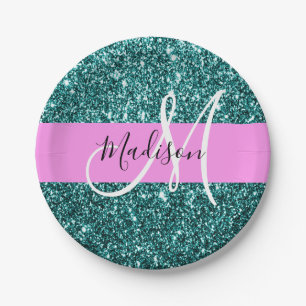 Glam Pink Teal Green Glitter Sparkle Name Monogram Paper Plate
