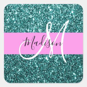 Glam Pink Teal Green Glitter Sparkle Name Monogram Square Sticker