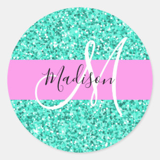 Glam Pink Turquoise Glitter Sparkles Monogram Name Classic Round Sticker