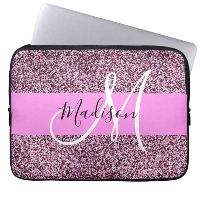 Glam Pink & Violet Glitter Sparkles Monogram Name Laptop Sleeve (Front)