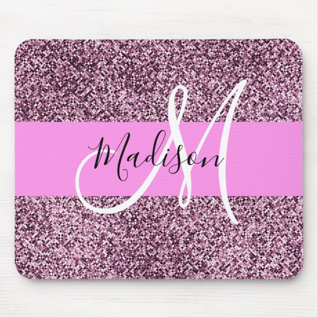 Glam Pink & Violet Glitter Sparkles Monogram Name Mouse Pad (Front)