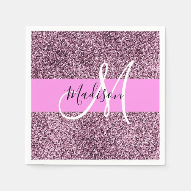 Glam Pink & Violet Glitter Sparkles Monogram Name Napkin (Front)