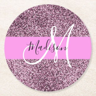 Glam Pink & Violet Glitter Sparkles Monogram Name Round Paper Coaster