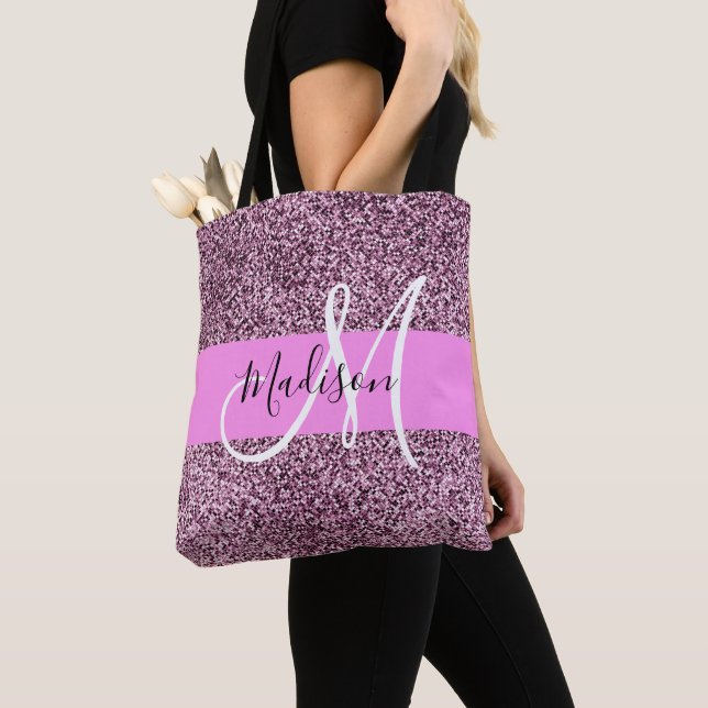 Glam Pink & Violet Glitter Sparkles Monogram Name Tote Bag (Close Up)