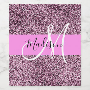 Glam Pink & Violet Glitter Sparkles Monogram Name Wine Label