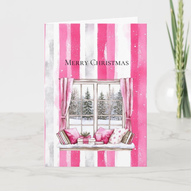 Glam Pink White Christmas Tree Window Stripes Card (Front)