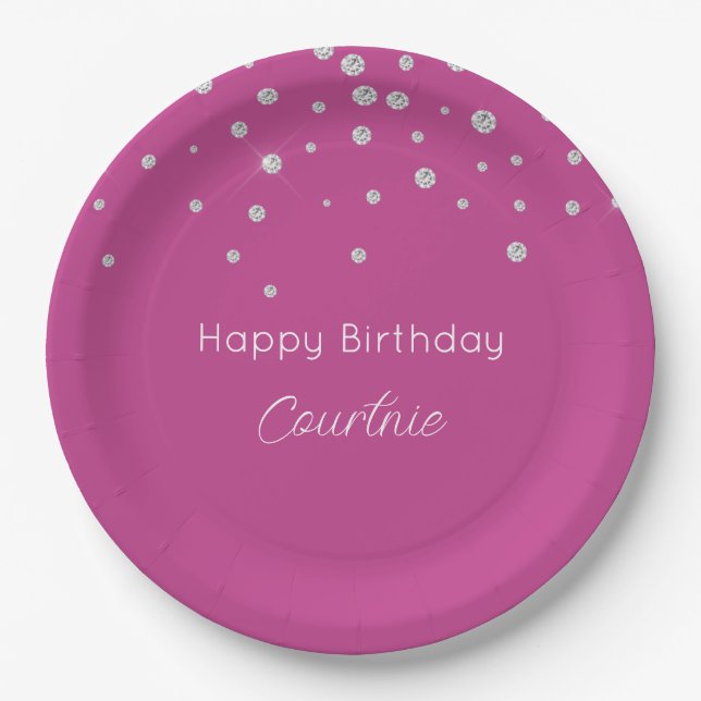 Glam Pink White Diamonds Birthday Paper Plate (Front)
